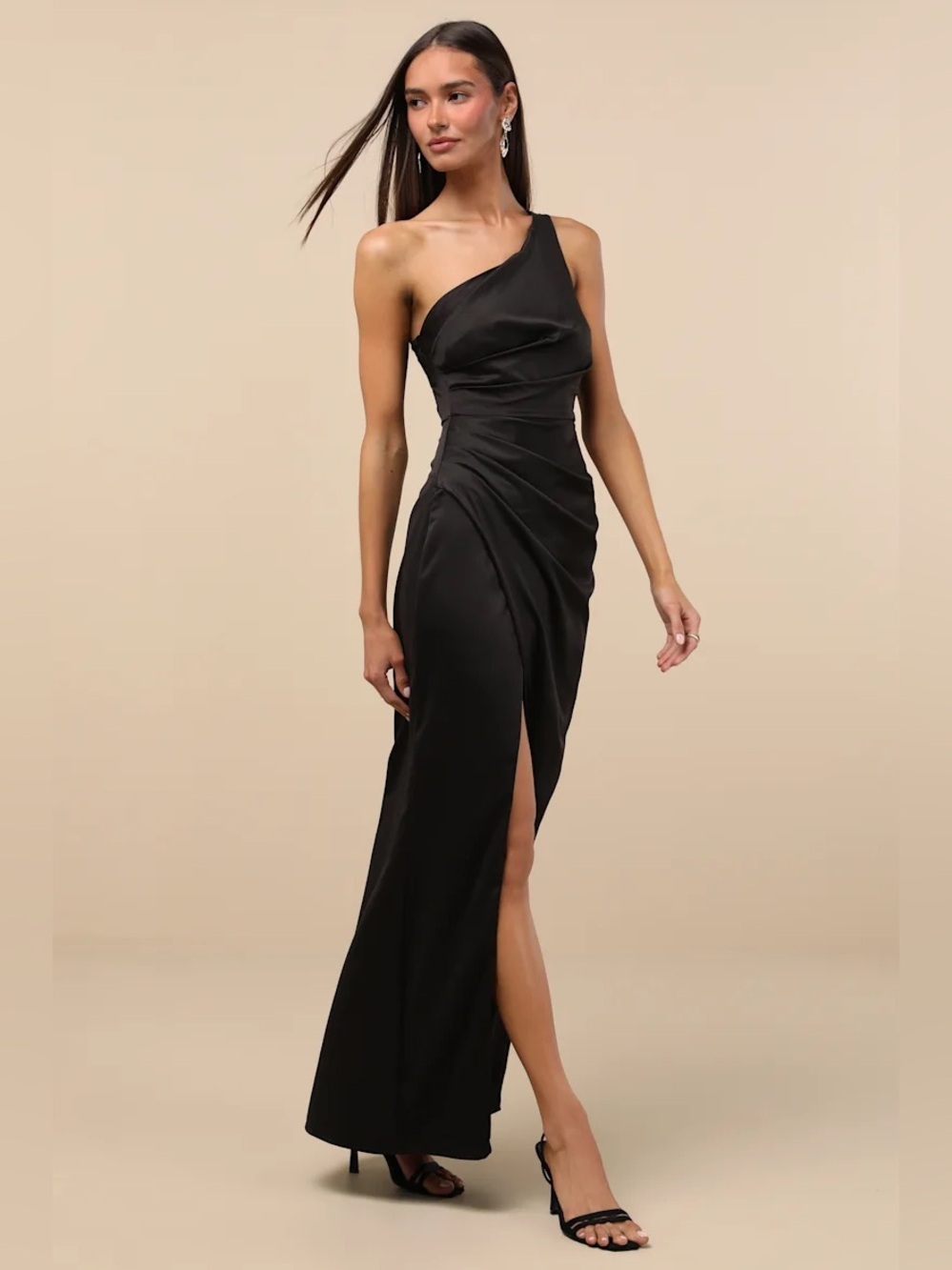 Lulus Dreaming of Elegance Black Satin One-Shoulder Maxi Dress - Picture 4 of 12